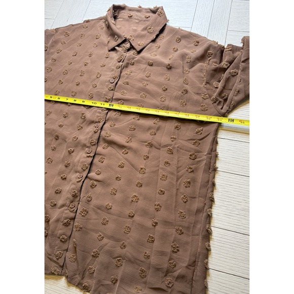 Brown Semi Sheer Swiss Dot Long Sleeve Button Up Boho Poly Collared Blouse Sz XL - Picture 6 of 9